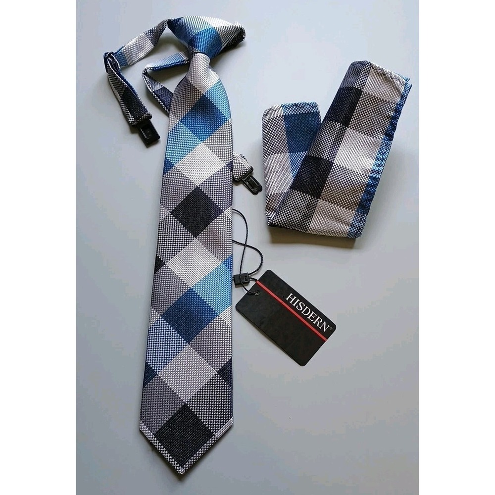NWT Boys Easy Zipper Tie / Pocket Square Set (One Size) Plaid Blues Grays
